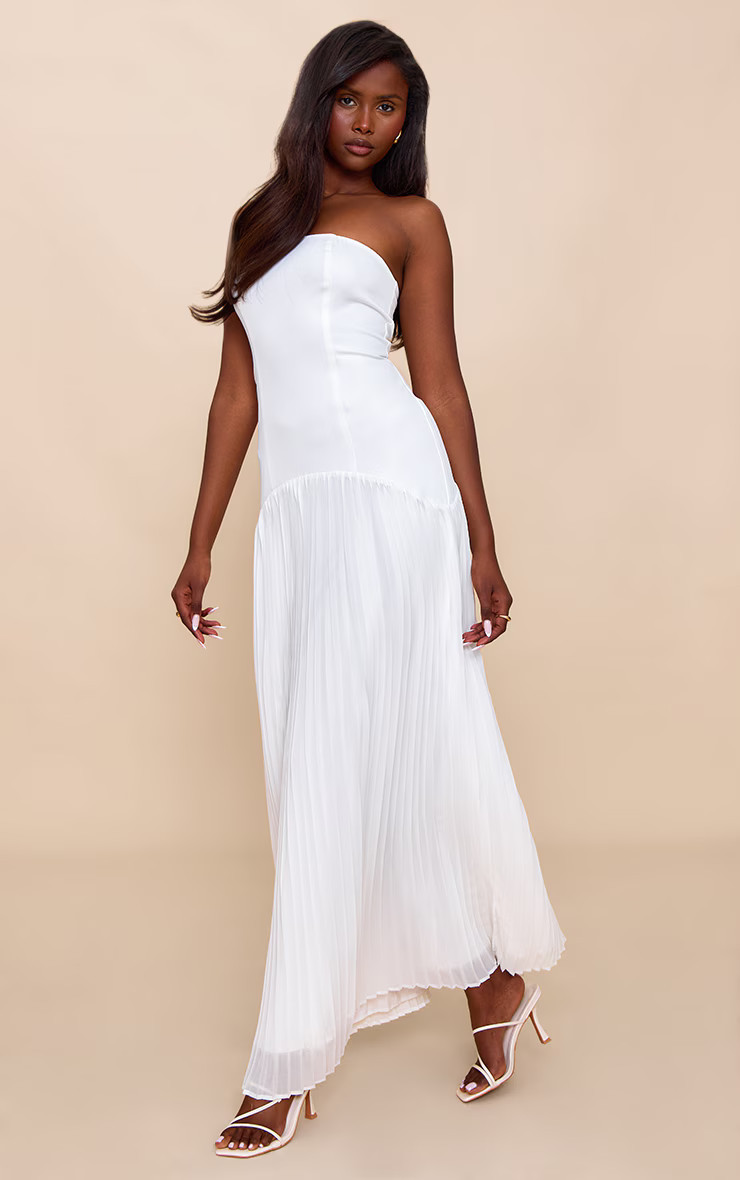 White Woven Bandeau Pleated Hem Detail Maxi Dress | PrettyLittleThing US