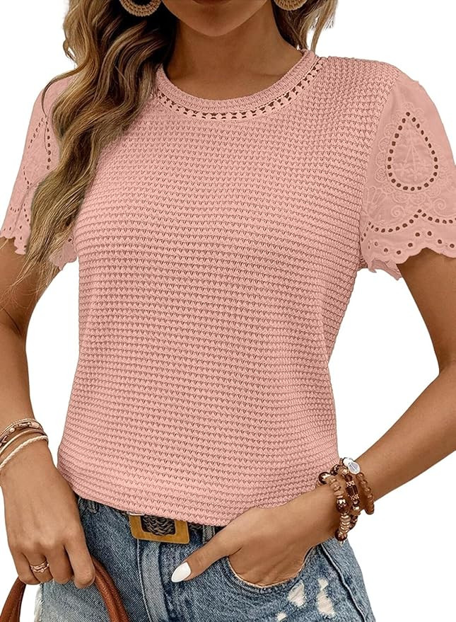 SHEWIN Womens Frenchy Summer Tops Crewneck Short Sleeve T Shirts Casual Waffle Knit Jacquard Blou... | Amazon (US)