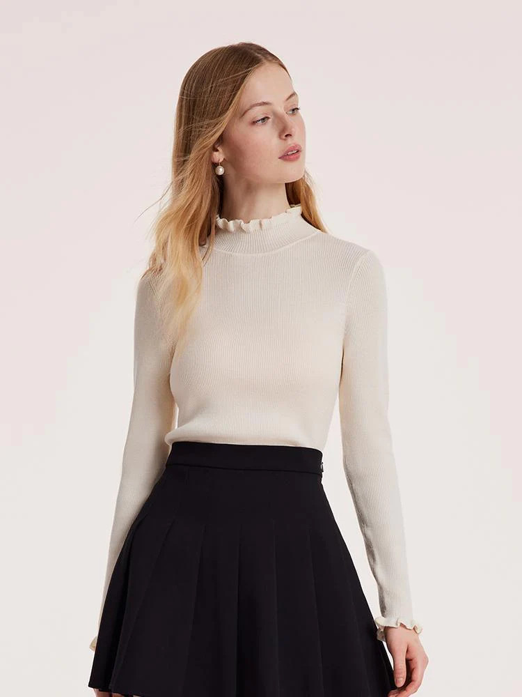 Machine Washable Wool Ruffle Turtleneck Women Sweater | GOELIA