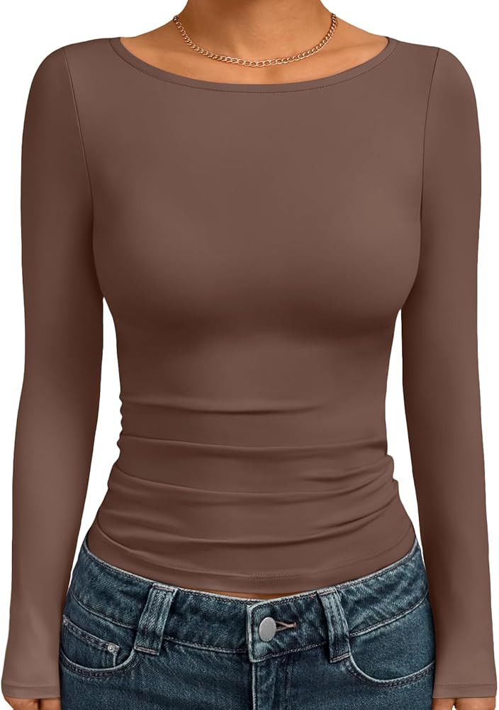 Trendy Queen Women's Boat Neck Tops Long Sleeve Shirts Casual Fitted Tee Shirts Solid Color Fall ... | Amazon (US)