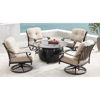 Outdoor Aluminum 44 In. Round Fire Table Set With Four Deep Seating Swivel Rocking Chairs, Wind Blocker, Fire Beads, Lid And Fabric Cover | Perigold