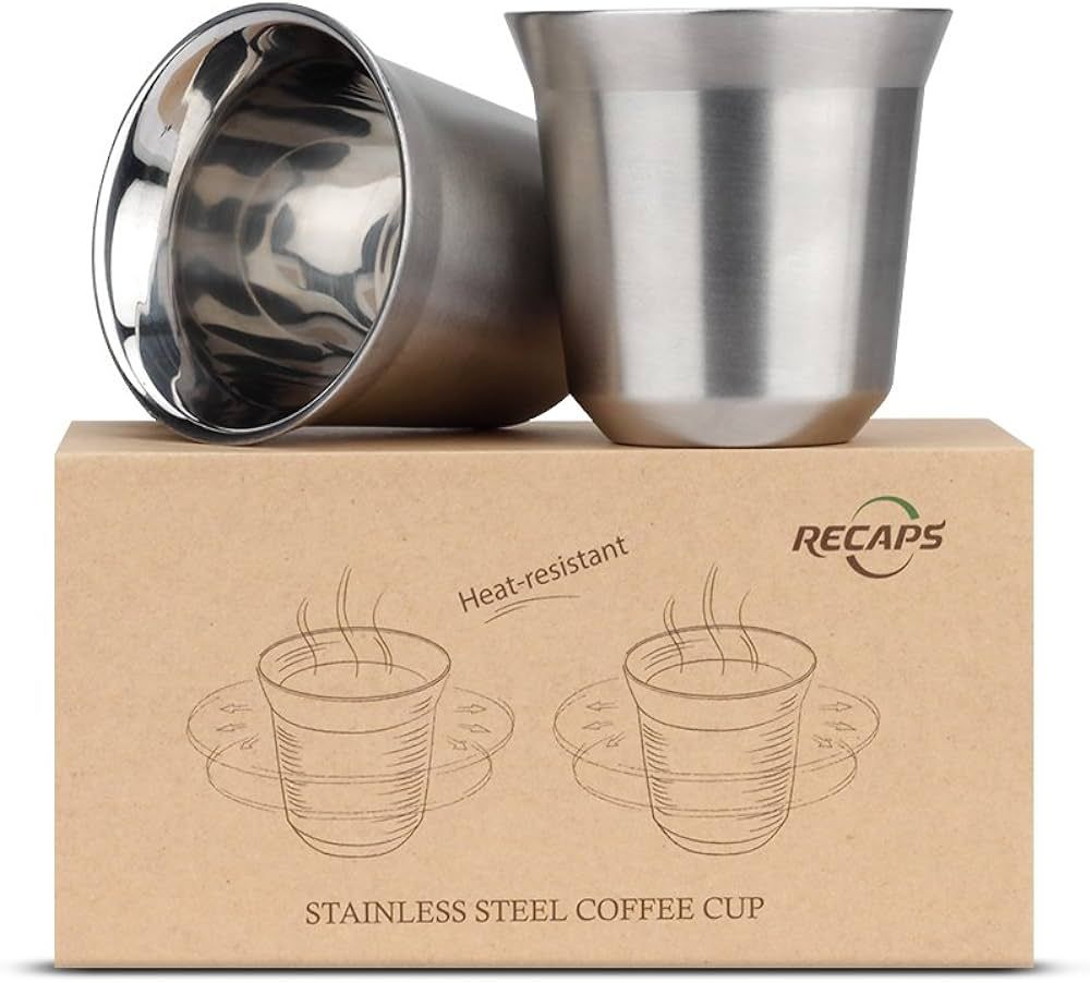 RECAPS 80ml Stainless Steel Espresso Cups Set - 2 Pack Double Wall 304 Stainless Steel Demitasse ... | Amazon (US)