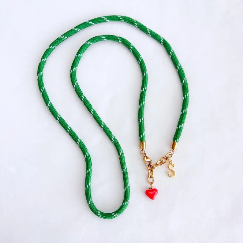 Paracord Heart Necklace and Gold Initial Charm, Red Enamel Heart Pendant, Trendy Summer Cord Jewe... | Etsy (Global)