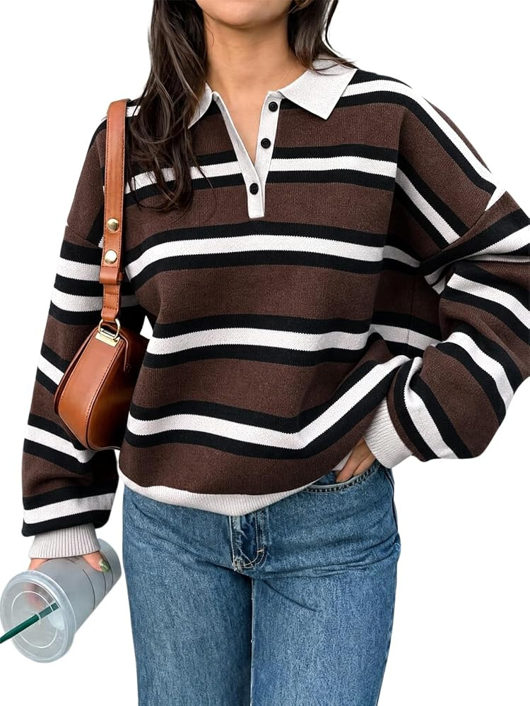Tankaneo Sweaters for Women Striped Polo Sweater Casual Pullover Knit Tops | Amazon (US)