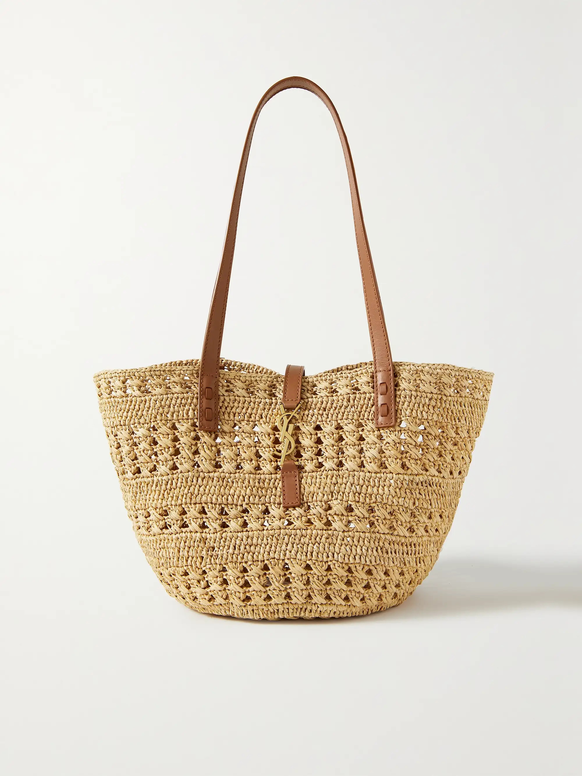 Brown Panier small leather-trimmed raffia tote | SAINT LAURENT | NET-A-PORTER | NET-A-PORTER (US)
