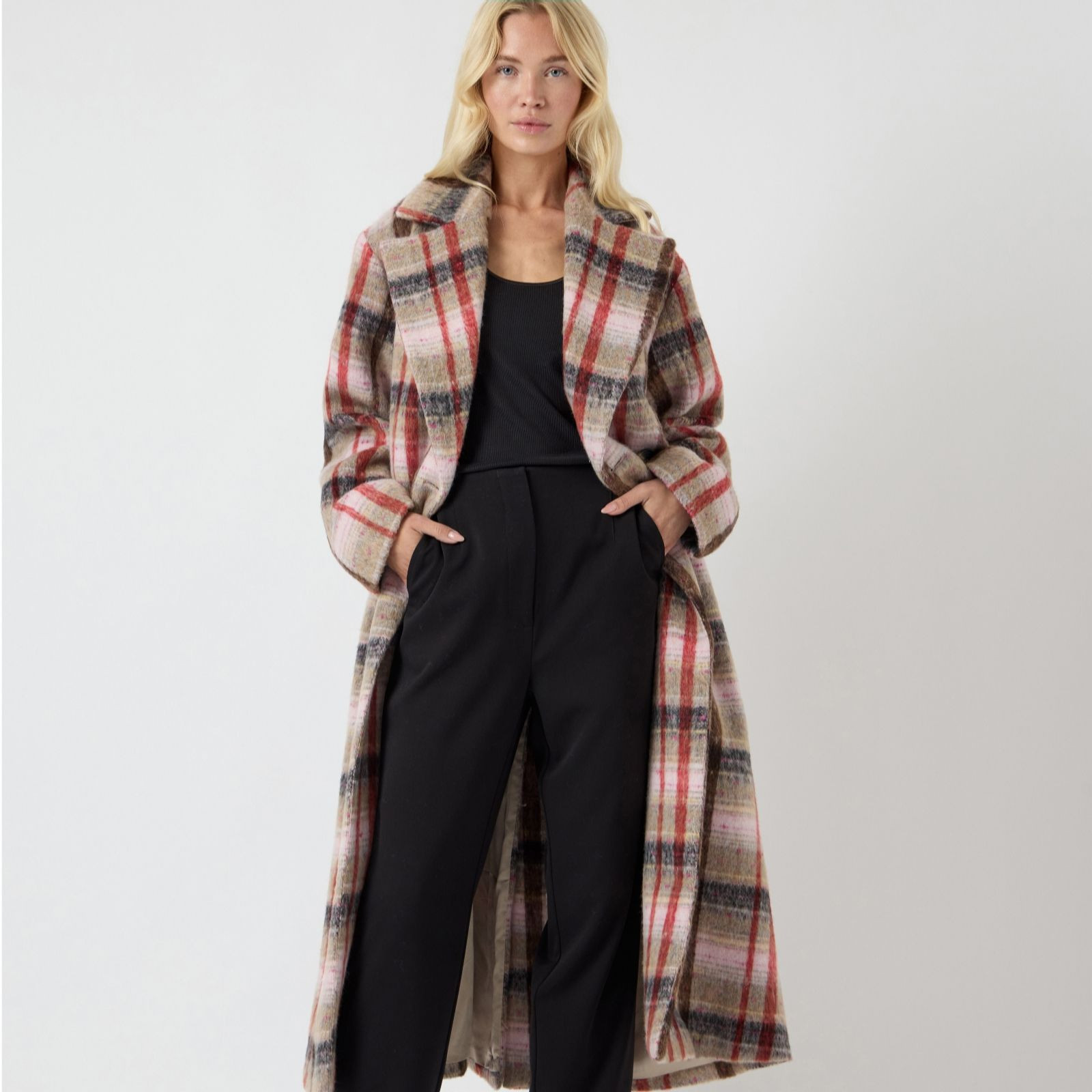 YAS Cira Long Checked Coat | QVC UK