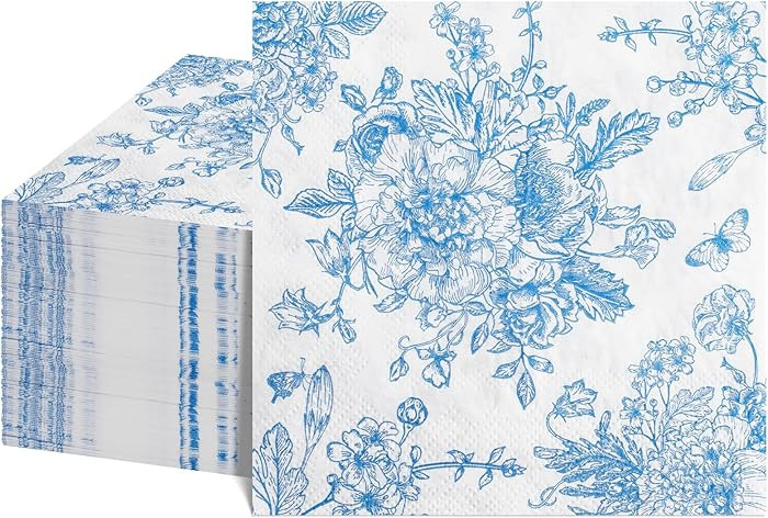 NatNarr 100 Pcs Blue Floral Napkins, Blue and White Toile Napkins Vintage Flower Butterfly Design... | Amazon (US)