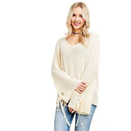 Blushing Heart Cream Off White Long Bell Sleeve Sweater w/Tie Detail Small | Walmart (US)