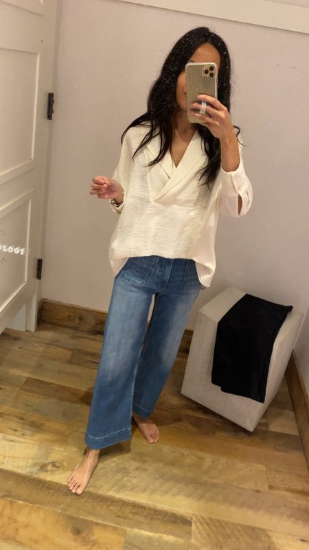 Spring outfit. Summer outfit. White top. Size down in the top. 
Wide leg jeans. True to size for me. 


#LTKFindsUnder100 #LTKOver40 #LTKSaleAlert