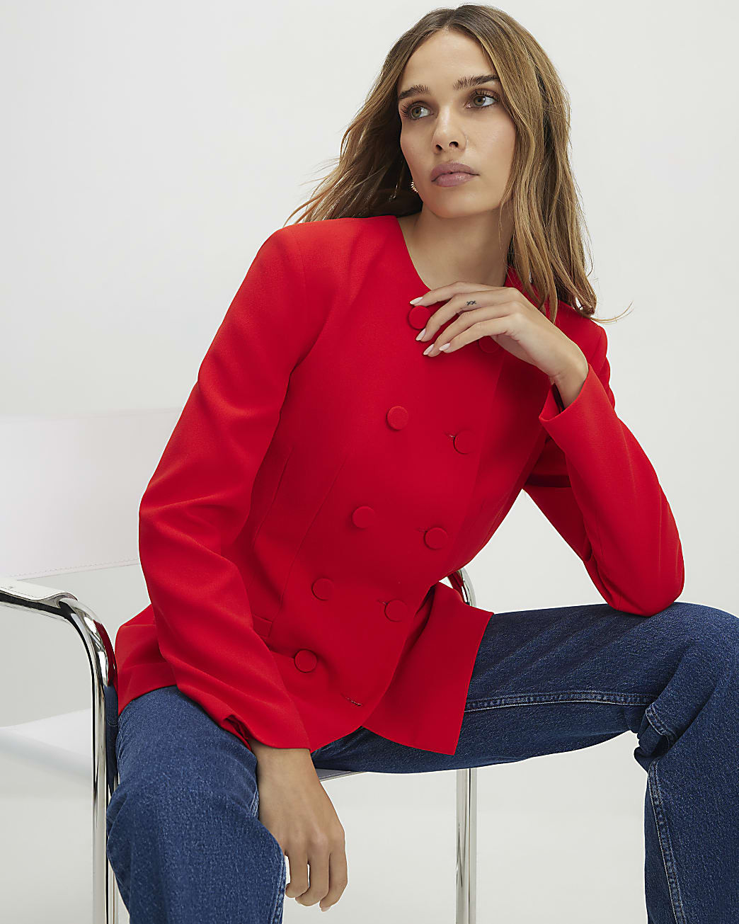 Red Long Sleeve Double Breasted Cape Blazer | River Island UK & IE