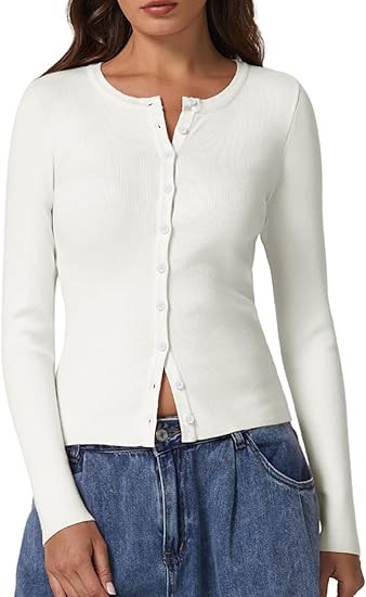 QINSEN Womens Long Sleeve Crewneck Cardigan Sweater Lightweight Button Down Knit Tops Outerwear | Amazon (US)