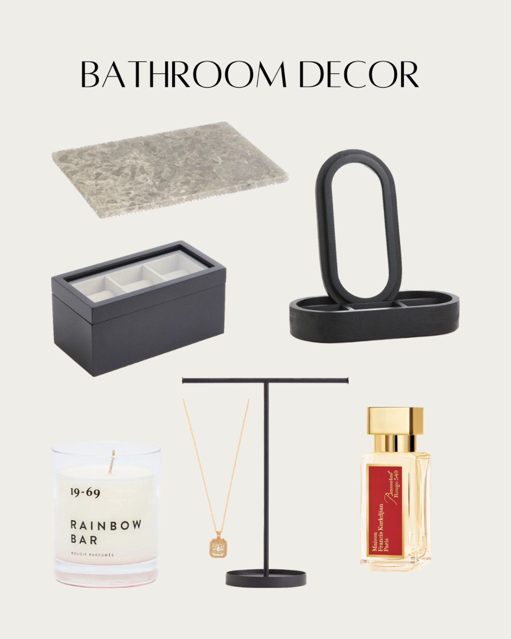 Bathroom decor with Marble Serving Board, Black watch box, metal jewerlu stand, black wooden jewerly stand, Rainbow Bar candle, April birthtstone star-pendant necklace and Maison Francis Kurkdjian Baccarat Rouge 540 Eau De Parfum

#LTKhome #LTKbeauty