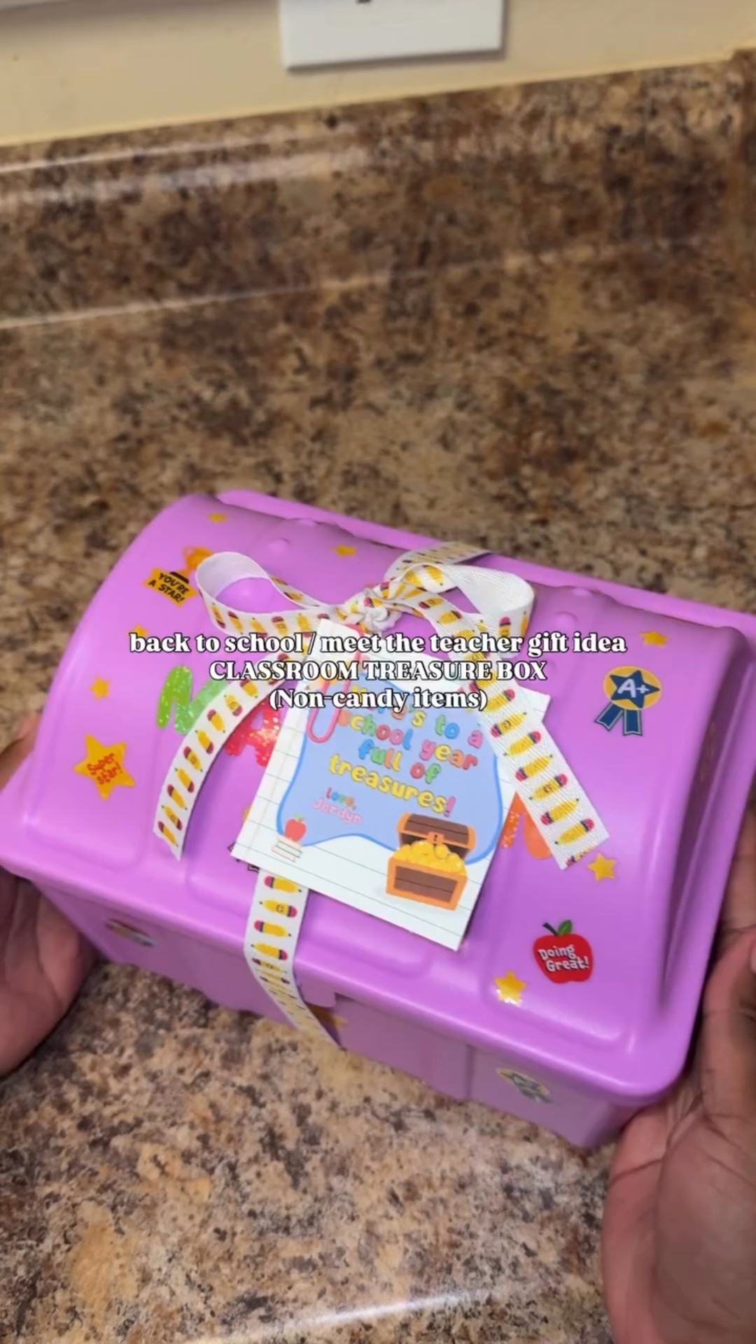 meet the teacher / back to school teacher gift idea 🥰✨ stuffing this teacher treasure box with non candy items! When I taught preschool, my kids got to pick from the treasure box every Friday! Jor’s teacher is doing the same ☺️ ; made my gift tag with @Canva I got everything from Walmart and linking in my LTK!!! #meettheteacher #backtoschool #teachergifts #teachergift #giftideas #explorepage #foryou #diymom #diygift