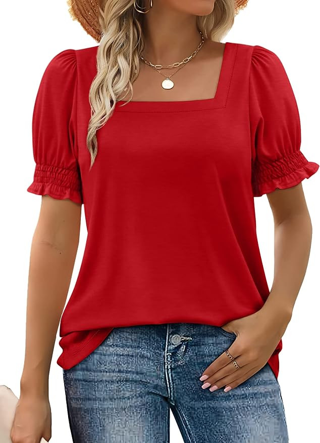 WIHOLL Tops for Women Summer Casual Ruffle Trim Sleeve Square Neck T Shirts | Amazon (US)