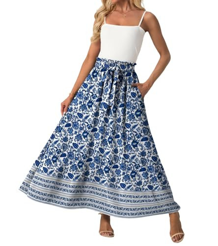 Lepunuo Floral Long Skirts Womens Casual Boho High Waisted Flowy Trendy Flowy Cute Girls Skirts with Pockets | Amazon (US)