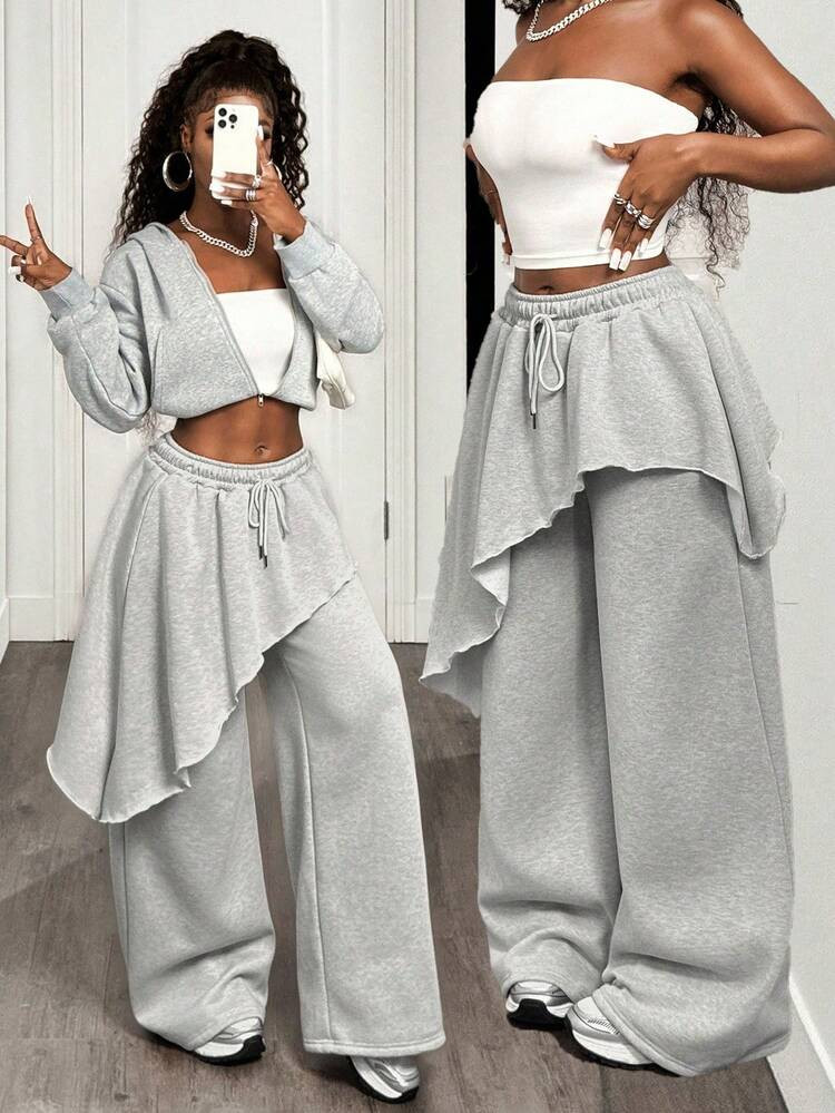 BamGleam Autumn And Winter New Retro Casual High-Waisted Asymmetrical Skirt Pants Elastic Waist L... | SHEIN