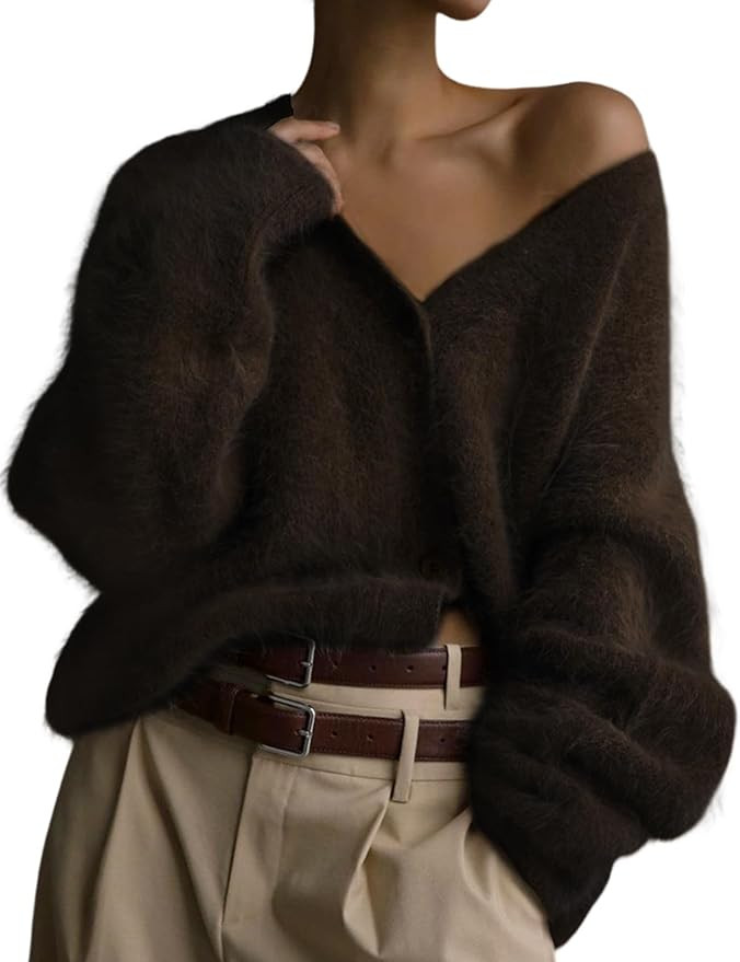 Yimoon Womens Fuzzy Cardigan Sweater V Neck Long Sleeve Button Down Slouchy Furry Knit Sweaters 2... | Amazon (US)