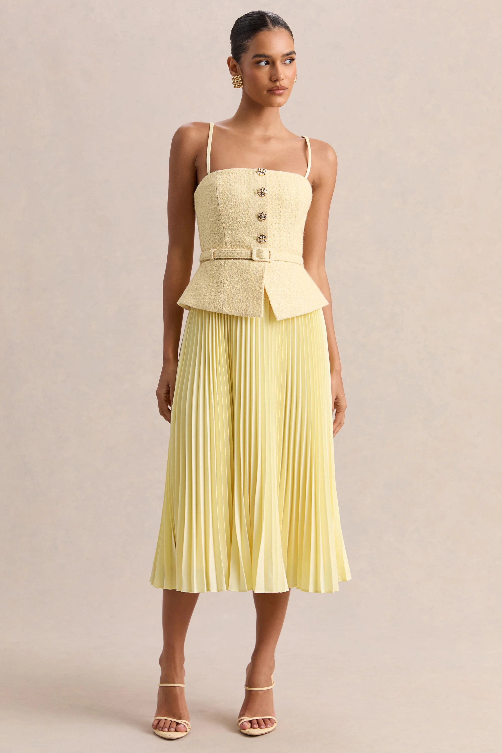Lizzy | Lemon Square-Neck Midi Dress With Pleated-Skirt | Club L London