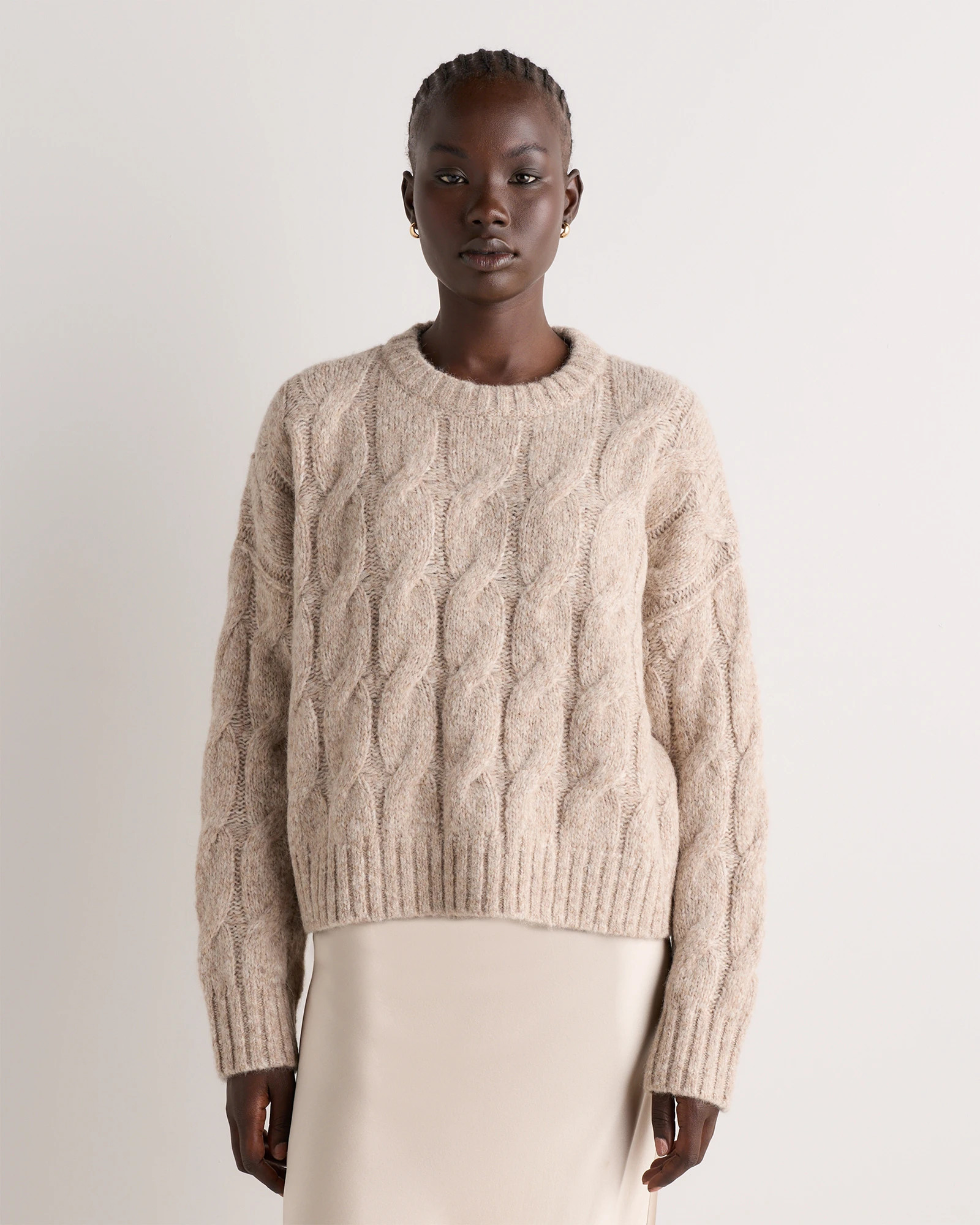 Quince | Women's Lofty Baby Alpaca Relaxed Cropped Cable Crewneck Sweater in Moss Shadow Green, Size XS | Quince