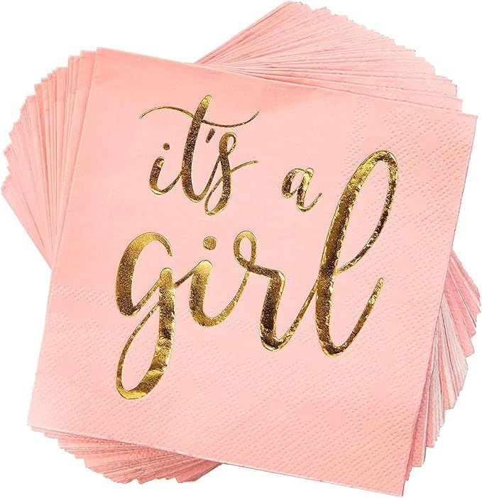 It?s a Girl Party Supplies, Pink Paper Napkins (5 x 5 In, Gold Foil, 50 Pack) | Amazon (US)