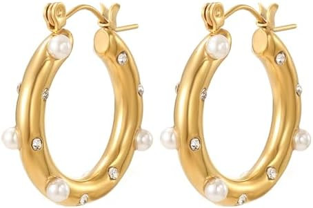 Maycred 18K Gold-plated Stainless Steel Hoop Earrings with Colorful Crystal Stones Pearl Studded ... | Amazon (US)