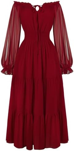 Scarlet Darkness Women Renaissance Off Shoulder Long Sleeve Smocked Waist Tiered Long Maxi Dress | Amazon (US)