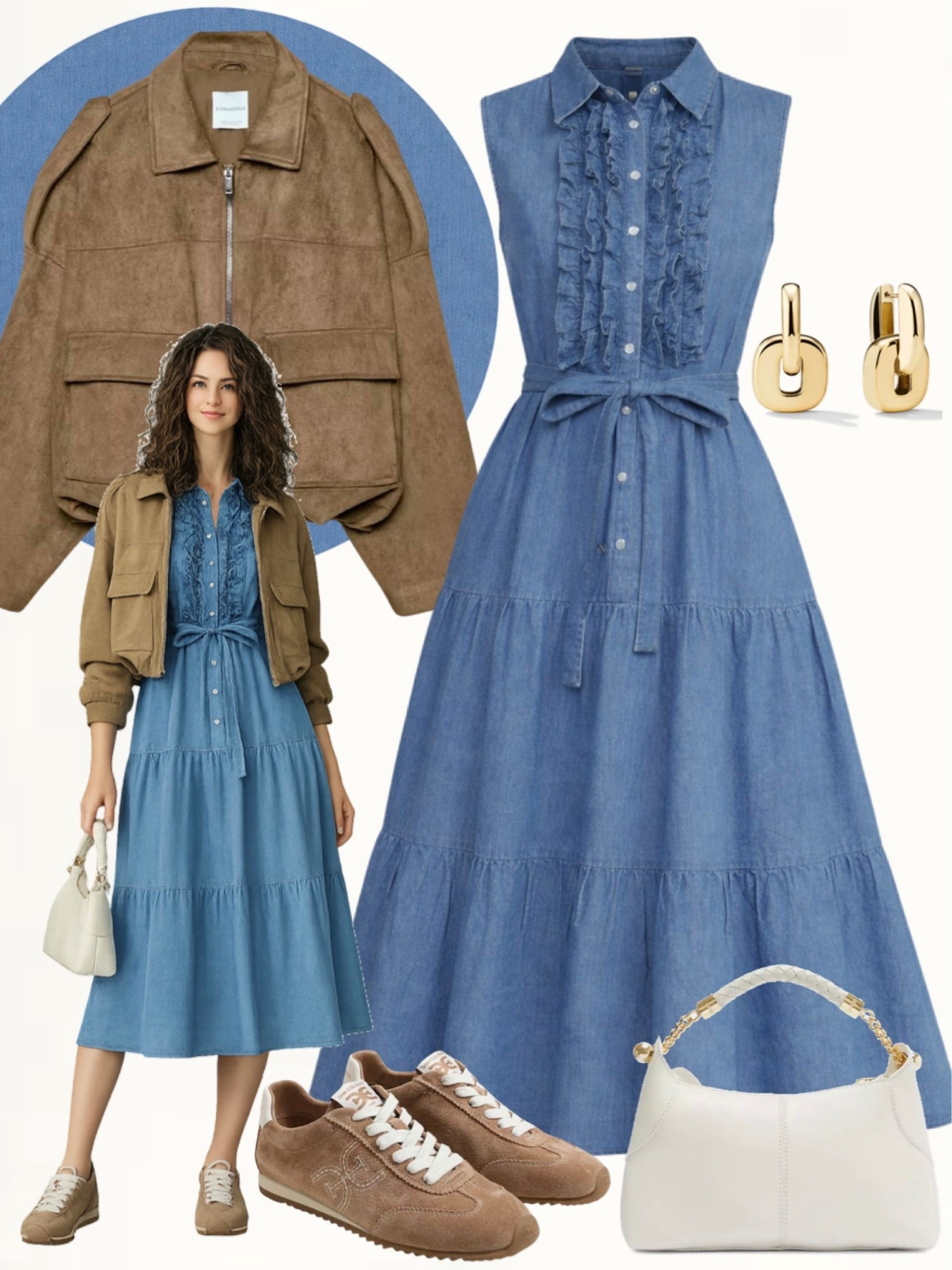 Denim midi dress with ruffle details layered under a tan suede bomber jacket. Paired with beige suede sneakers, a cream shoulder bag, and gold hoop earrings for an easy, polished look.
#effortlessstyle #casualoutfit #springvibes

#LTKOver40 #LTKSeasonal #LTKootd