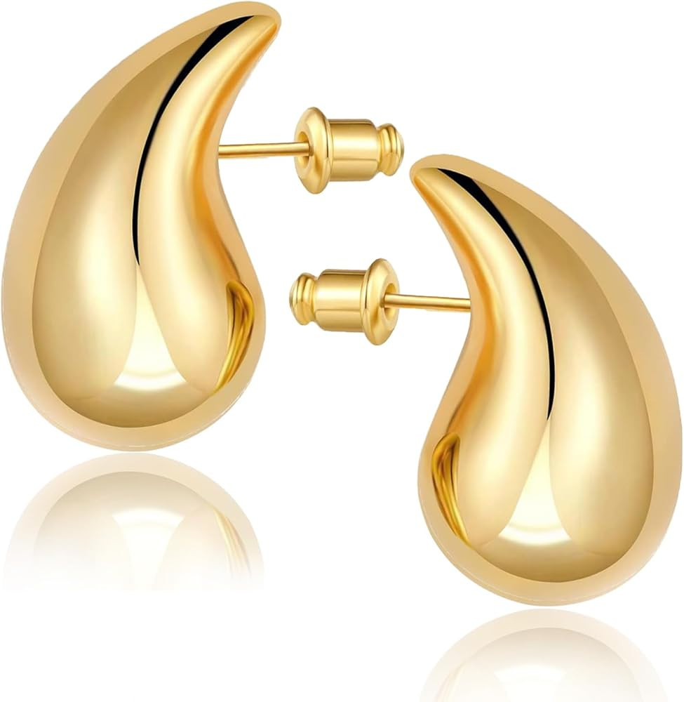 Funte® Chunky Gold Hoop Earrings 18k Gold Plated Teardrop Earrings For Women Hypoallergenic Ster... | Amazon (UK)