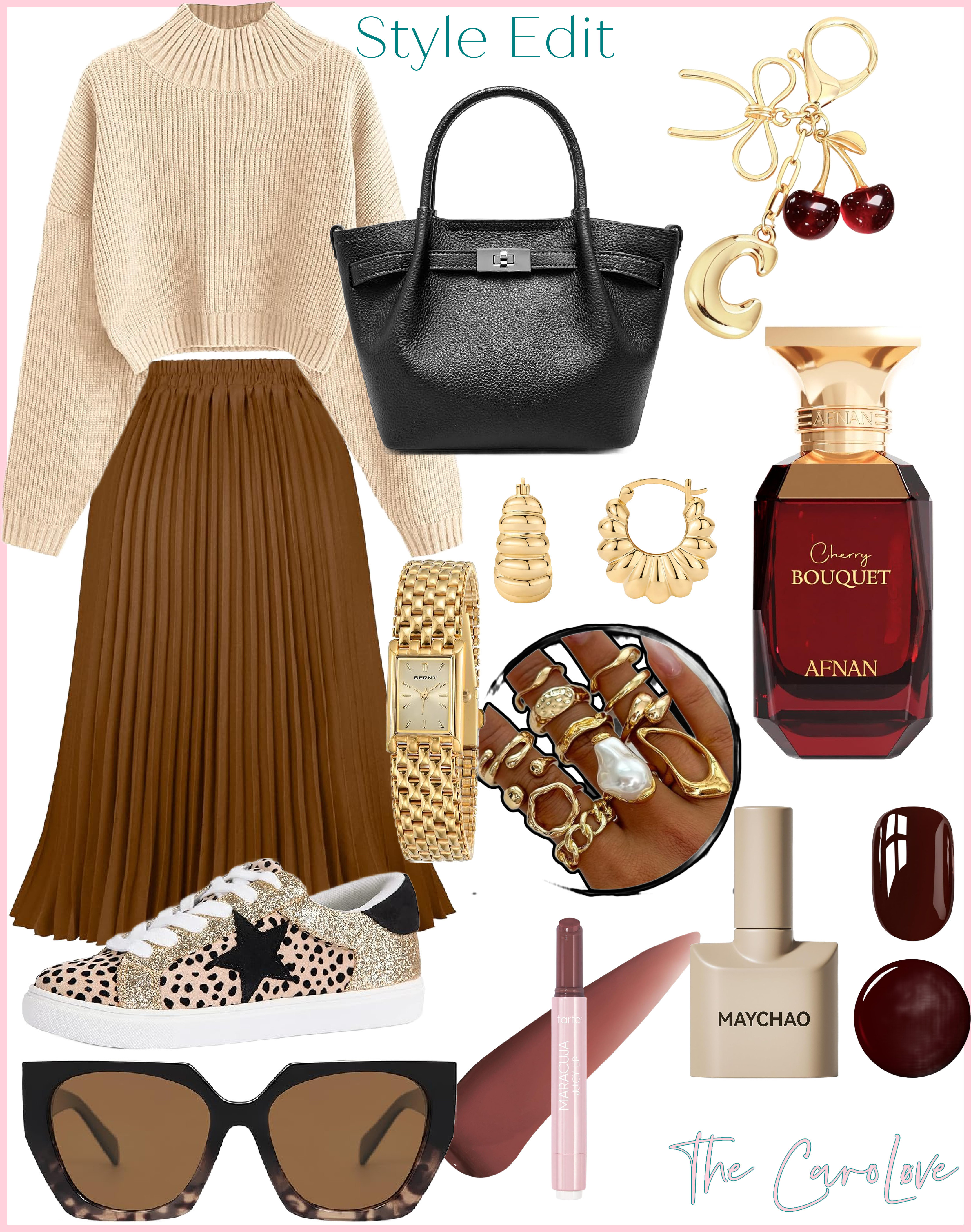 Pleated midi skirt + cropped ribbed turtleneck = the ultimate everyday chic outfit ✨ Star-detail sneakers keep it casual, while a genuine leather bucket bag, chunky gold hoops, and baroque pearl rings elevate the look. Finish with deep cherry red nails, Afnan Cherry Bouquet perfume, and oversized square sunglasses for an effortless day-to-night outfit 🍒 #LTKStyle #LTKFall #LTKWinter #OOTD #MidiSkirtOutfit #CroppedTurtleneck #StarSneakers #BucketBagStyle #GoldHoopEarrings #BaroqueRings #ChicLayers #CasualChic #DayToNightLook #FashionAccessories #StyleInspo #StreetChic 

 #LTKootd #LTKMidsize #LTKFindsUnder100