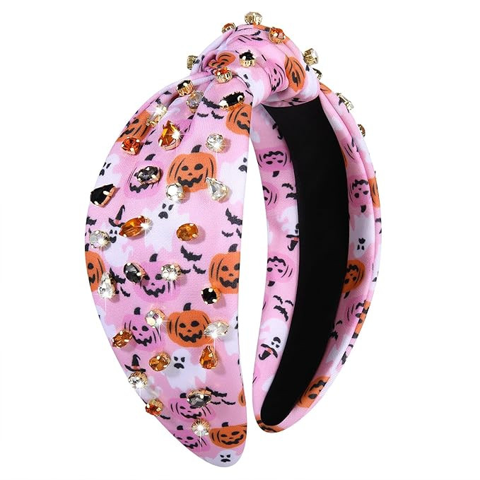 Pink Halloween Headbands for Women Spooky Ghost Pumpkin Knotted Headband Crystal Wide Headband Ha... | Amazon (US)