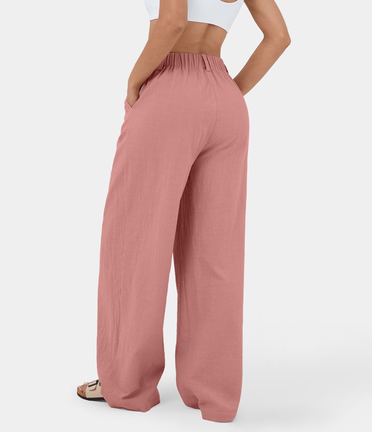 High Waisted Plicated Side Pocket Wide Leg Flowy Solid Palazzo Casual Cotton Pants | HALARA