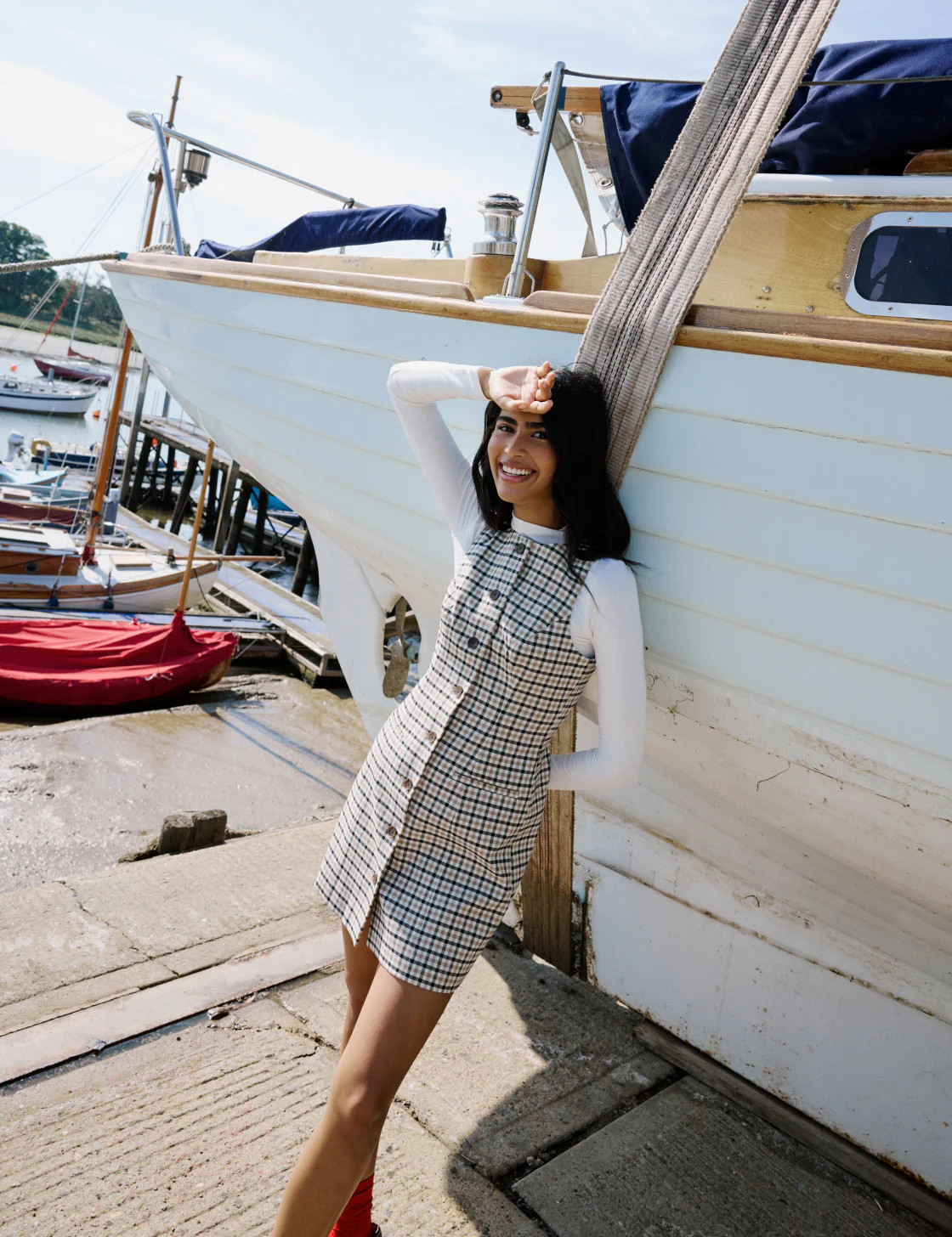 Beige Gingham Check Ellie Mini Pinafore Dress | Nobody's Child