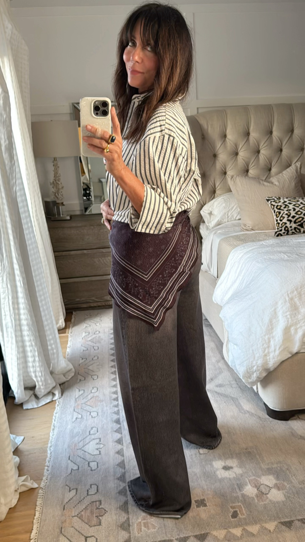 Scarf hack  - this scarf comes in red too and many colors- it’s the second link below 
Miramar jeans - wearing size 29 for a lower hung fit 
But they are tts. Great white shirt with an interesting seersucker texture 

#LTKFindsUnder100 #LTKStyleTip #LTKxMadewell