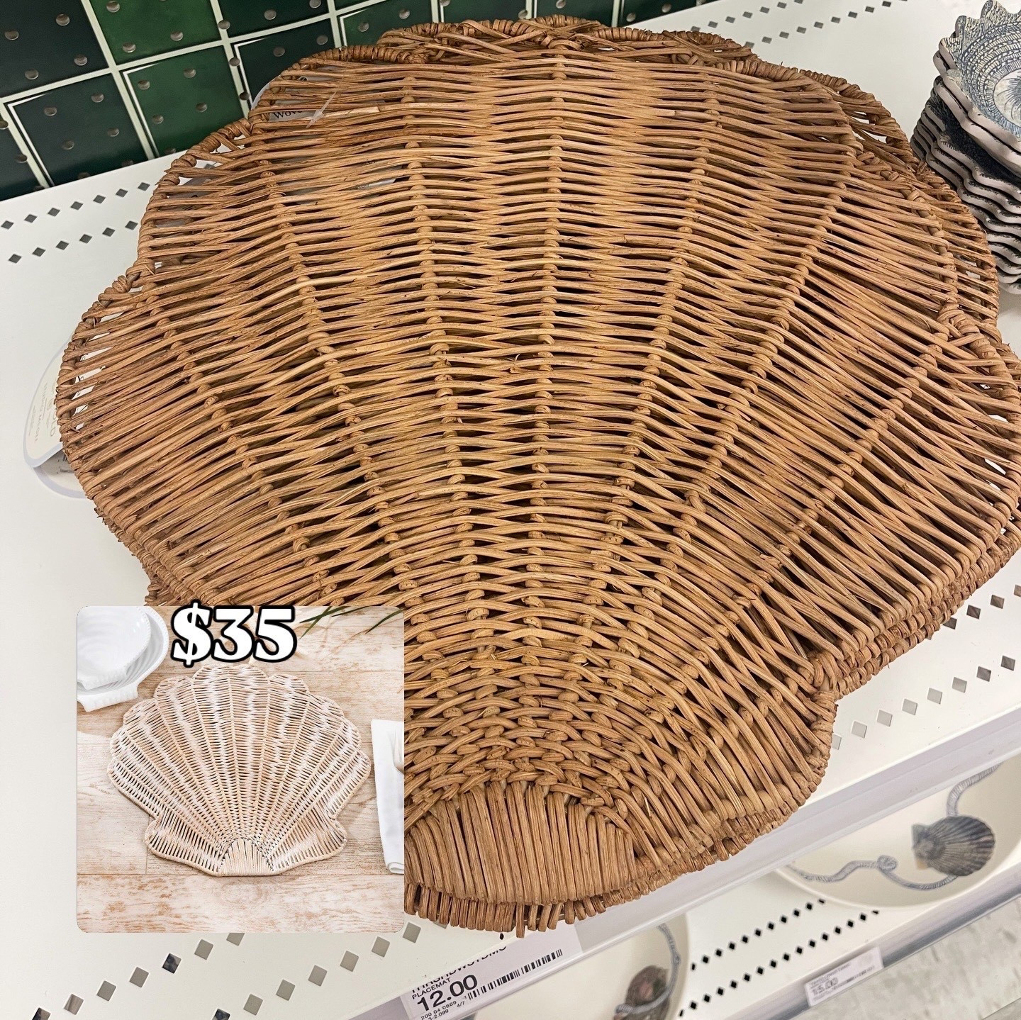 $12 woven shell placemat! So cute for outdoor parties, beach house or a seafood dinner! 