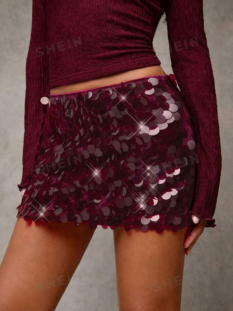 SHEIN BAE Women Solid Color Sequin Patchwork Bodycon Mini Skirt | SHEIN
