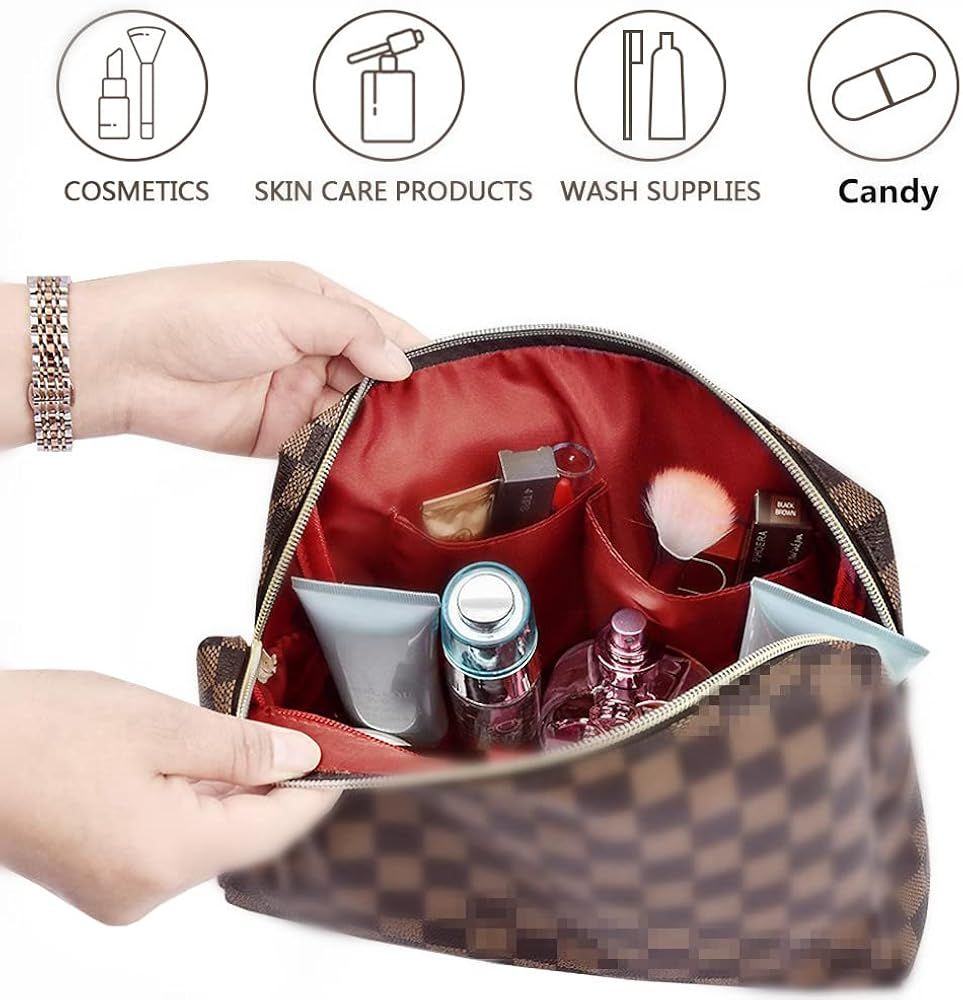 Domire Makeup Bag, Portable Vegan Leather Large Retro Cosmetic Pouch, Toiletry Travel Organizer for  | Amazon (US)