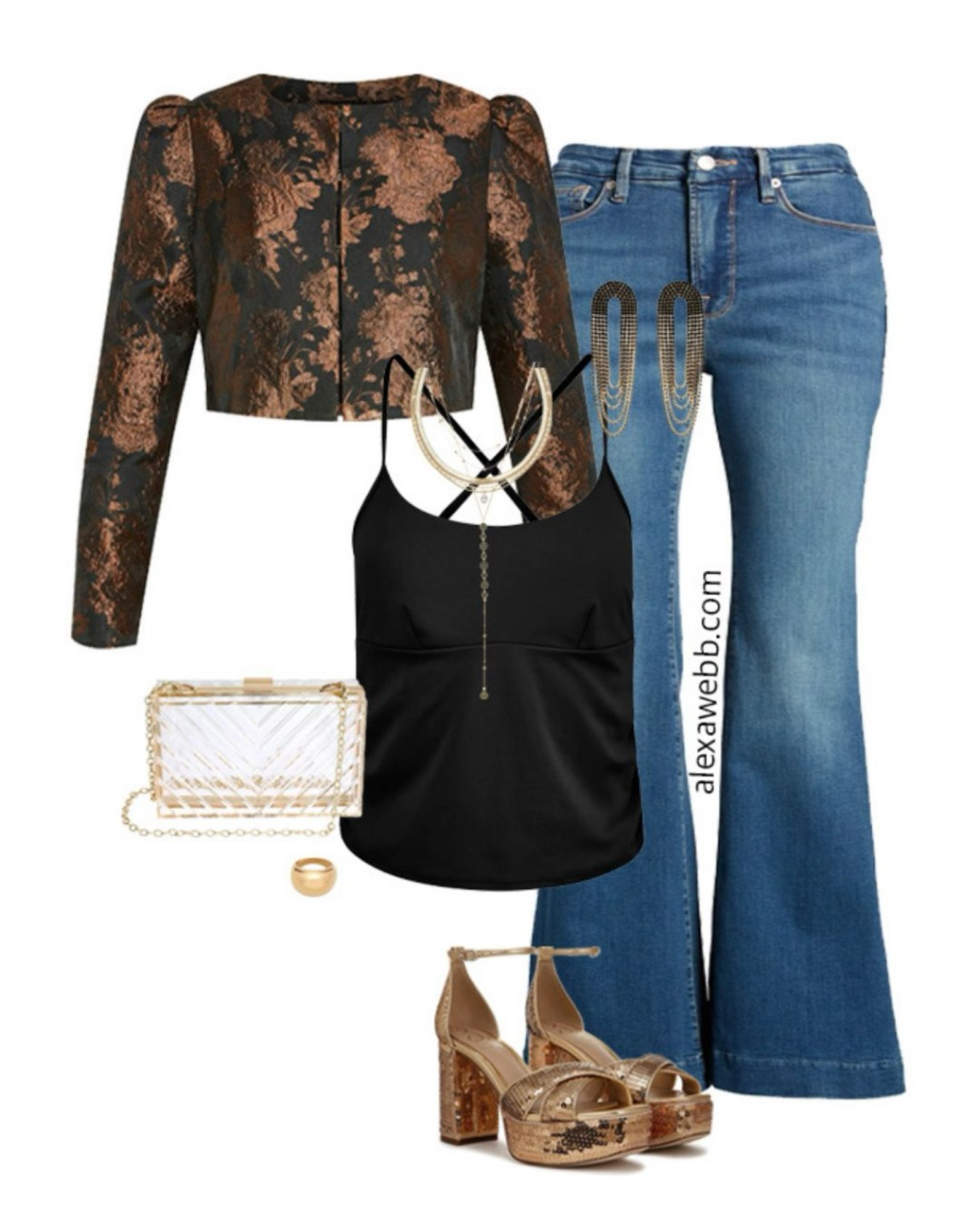 Plus Size Fall Concert Outfits - Plus size flare jeans, black camisole, cropped jacket, and gold sequin platform sandals. Alexa Webb #plussize

#LTKParties #LTKPlusSize #LTKStyleTip
