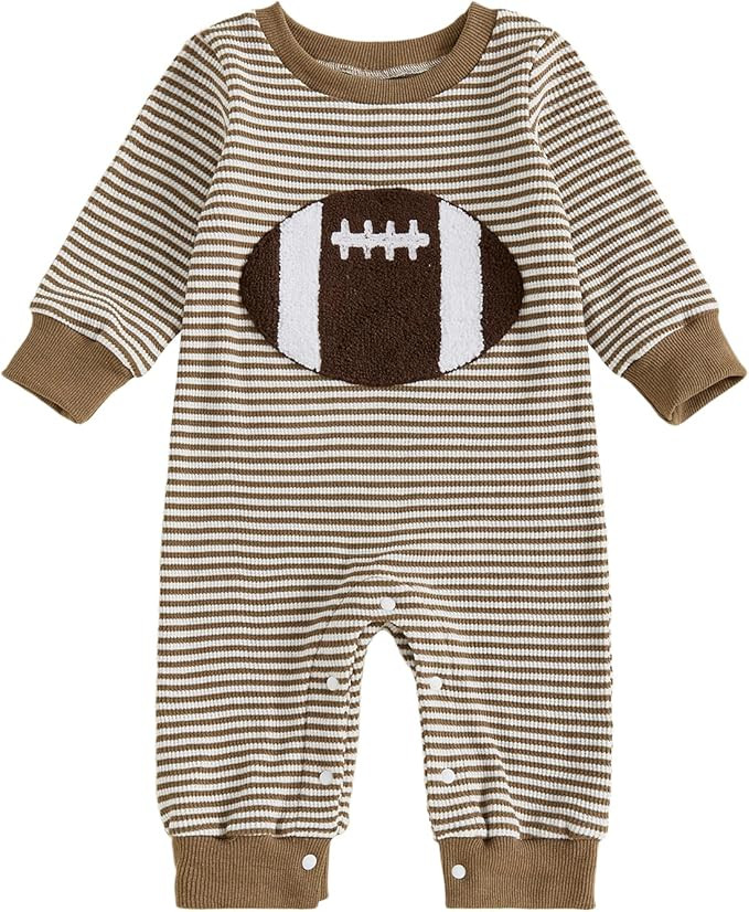 Baby Boy Football Outfit Rugby Embroidery Romper Waffle Knit Stripe Long Sleeve Jumpsuit Boodysui... | Amazon (US)