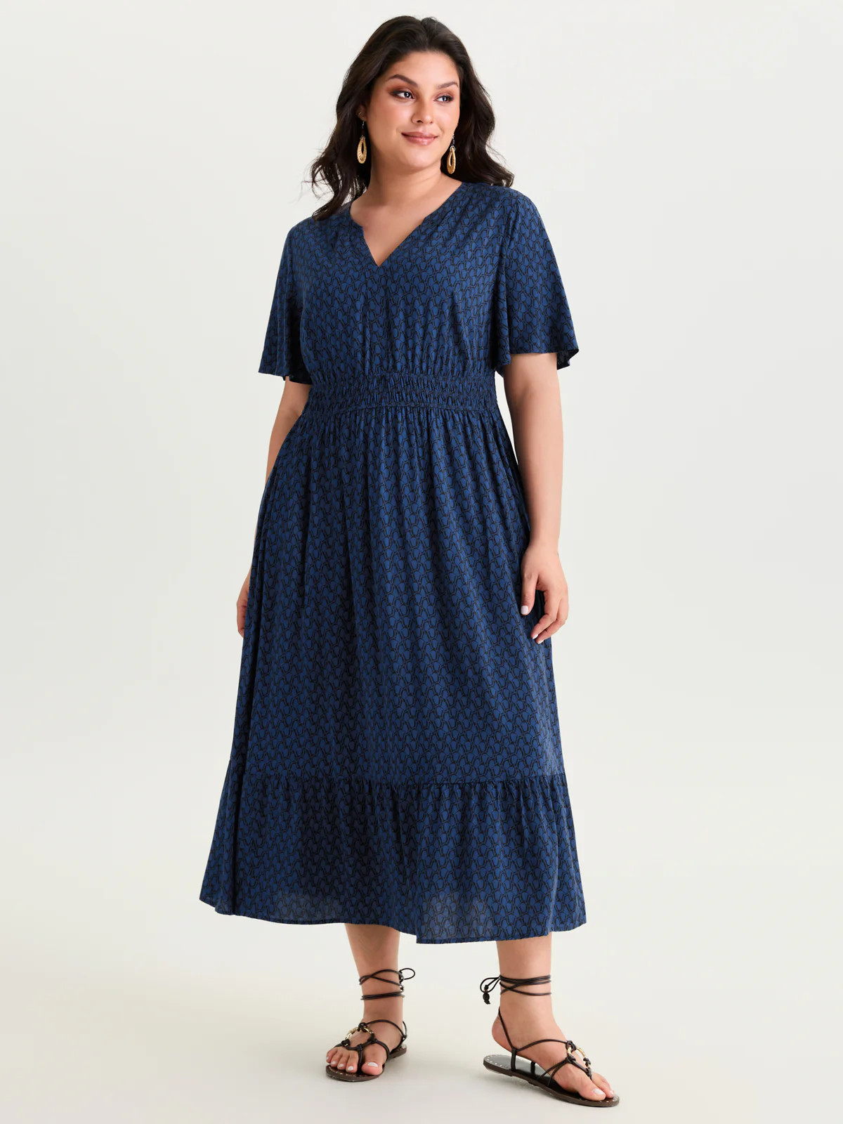 Geometric Print Waist-Cinched Tiered Midi Dress | Bloomchic