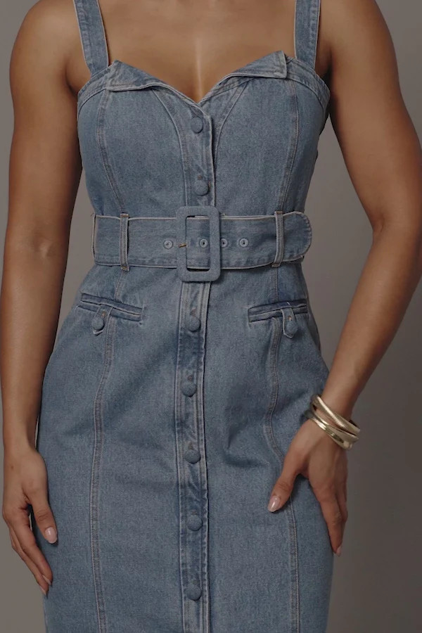 Medium Wash Celene Denim Maxi Dress | JLUXLABEL