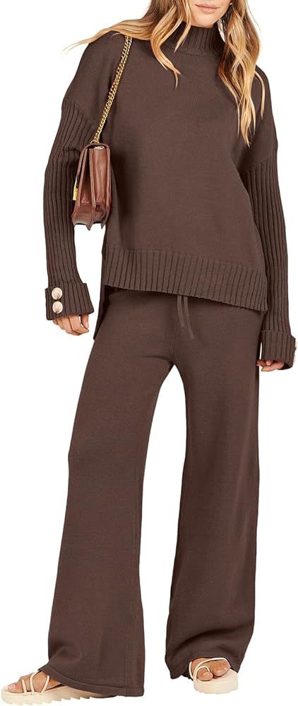 ANRABESS Women's 2 Piece Outfit Sweater Lounge Sets Long Sleeve Knit Pullover Wide Leg Pant Track... | Amazon (US)