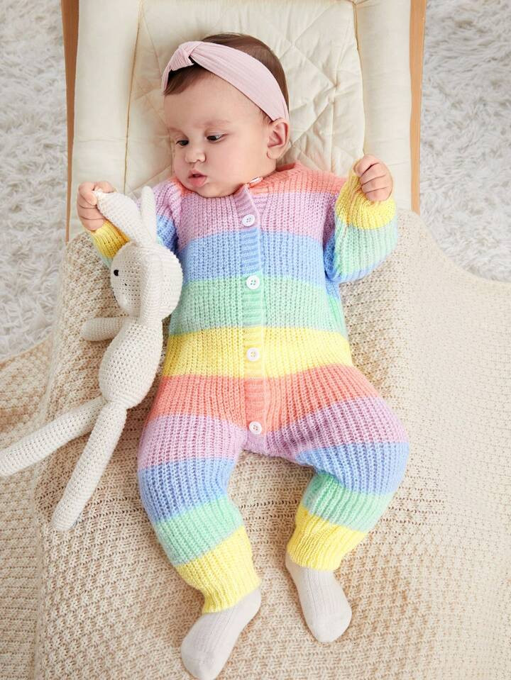 SHEIN Newborn Baby Girl Warm Knitted Colorful Striped Romper, Fall/Winter | SHEIN