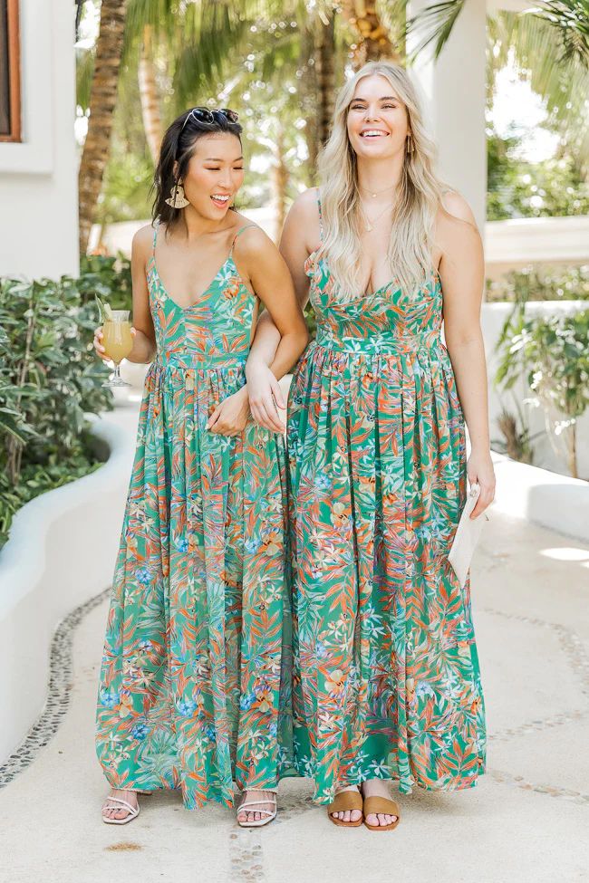 It's Love At First Sight Green Tropical Maxi Dress FINAL SALE | Pink Lily