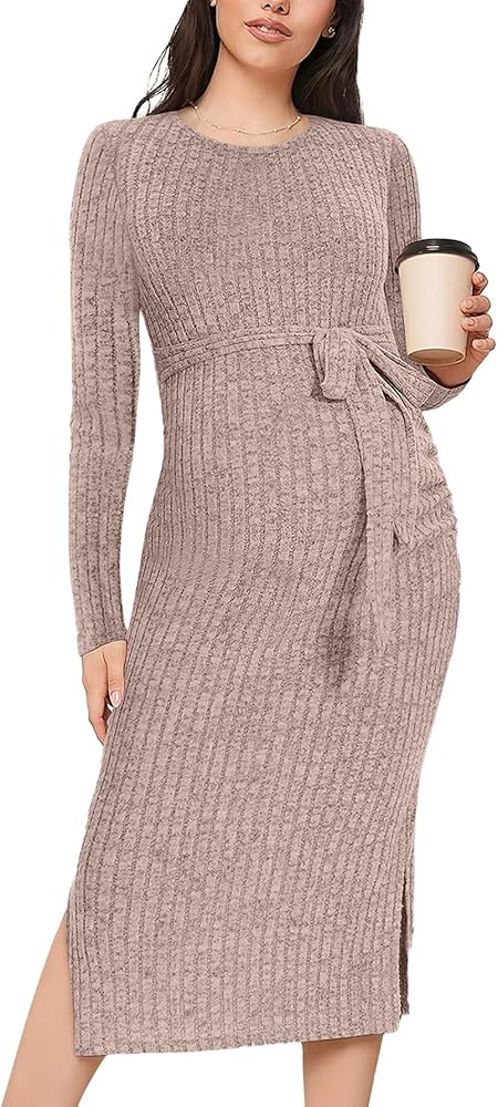 guruixu Crewneck Maternity Sweater Dress Rib Knit Long Sleeve Photoshoot Baby Shower Dresses Slit... | Amazon (US)