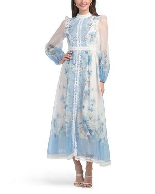 Balloon Sleeve Color Block Floral Maxi Dress With Lace Trim | TJ Maxx