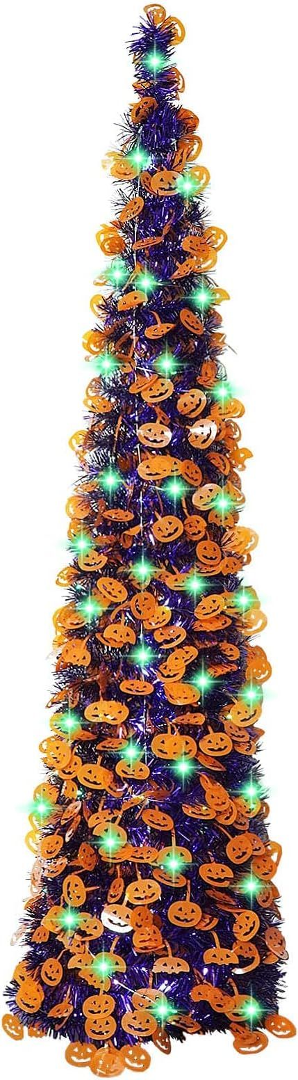 Halloween Pumpkin Tree with 50 Lights,5ft Pop Up Purple Artificial Sequin Pencil Collapsible Tins... | Amazon (US)