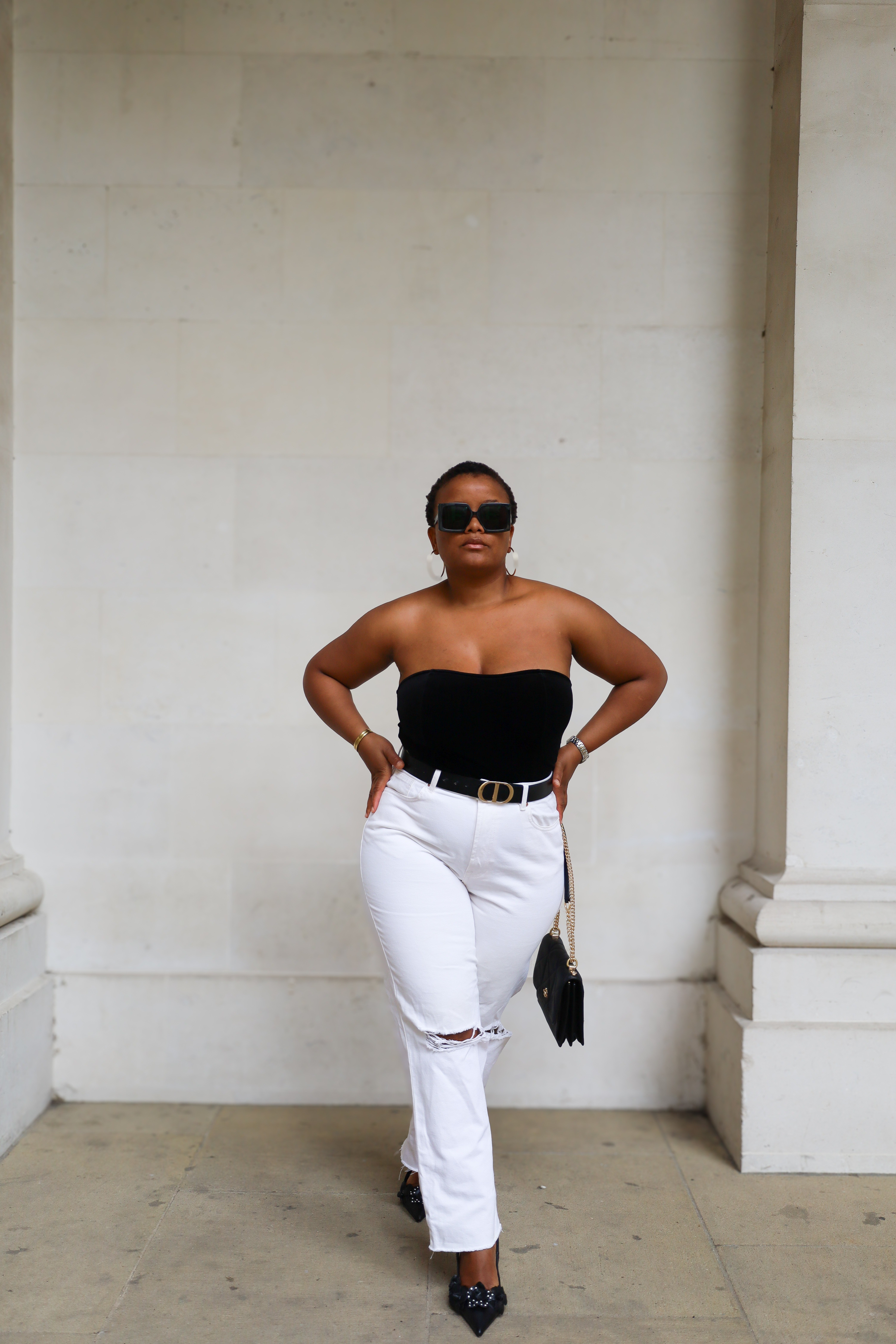 Effortless black and white look. A bandeau top paired with denim and slingbacks.

#LTKuk #LTKstyletip #LTKjeans