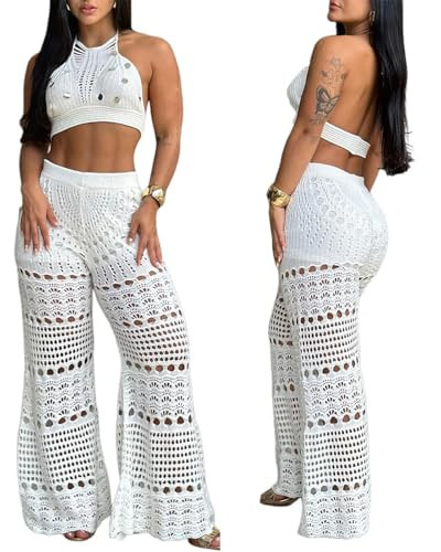 CHICME Womens Crochet Cover-ups 2 Pieces Halter Sleeveless Crop Top and Casual Hollow-out Loose Fit Pants Set-w-L | Amazon (US)