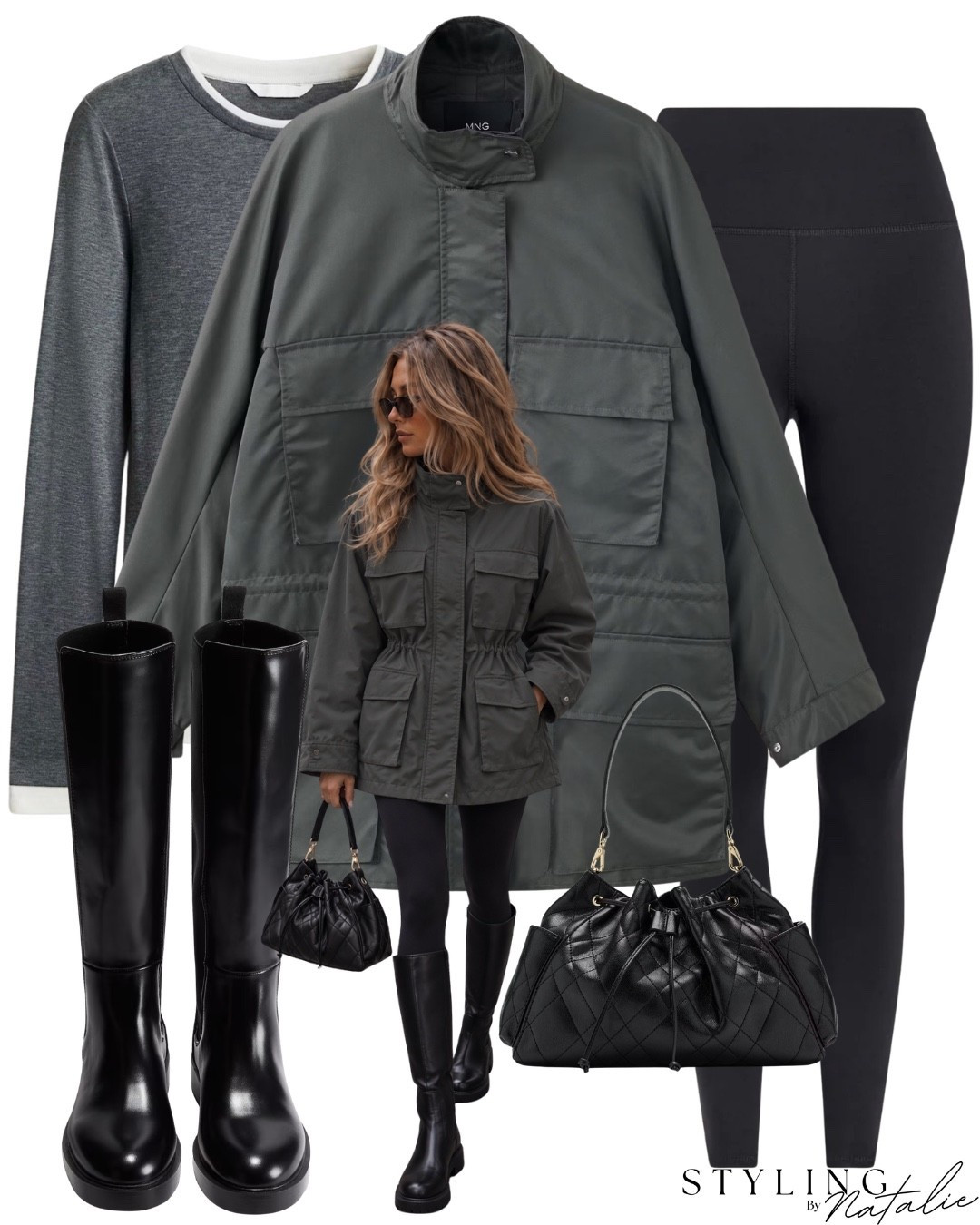 Turtleneck parka jacket, leggings, knee high boots and double layer look long sleeve t-shirt and bucket bag. Autumn outfit, utility jacket, mango, fall outfit, high street.

#LTKeurope #LTKautumn #LTKuk