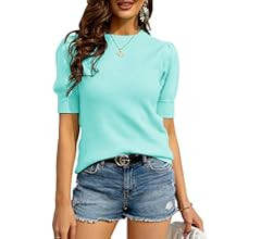 Zbyclub Womens Puff Short Sleeve Sweaters Pullover Shirt Tops Crew Neck Lightweight Knit Sweater Blo | Amazon (US)